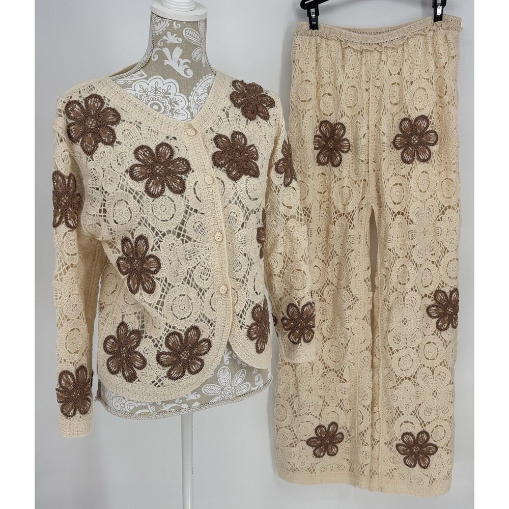 Sapphire Collection M Crochet Floral 2 Piece Co Ord Cardigan Wide Leg Pants Boho